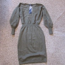 NWT Mirol Small Olive Green Sweater Dress Crew Neck Midi Cinched Waist