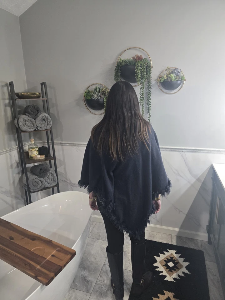 ALFANI женщин темно-синий капот шеи пончо W отделки искусственного меха-L/XL - Изображение 2 из 4