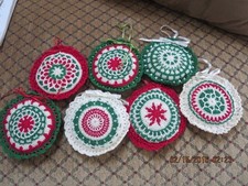 7 VINTAGE HAND CROCHET ROUND ORNAMENTS-- R8-5