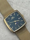 Seiko Astron Moonphase Mens Tank Quartz Watch 35mm Vintage Gold Date Blue