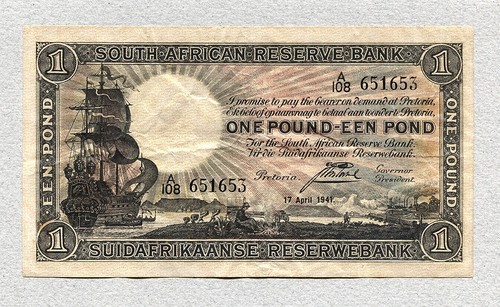 Sudáfrica 1 libra 1941 P84e, en estado bastante bueno+.