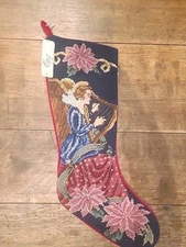 Vtg Needlepoint Christmas Stocking Angel Harp Petit Point Detail Velvet Back NWT