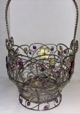 Silver Metal Basket Pastel Plastic Flowers 11” Tall W/Handle Basket