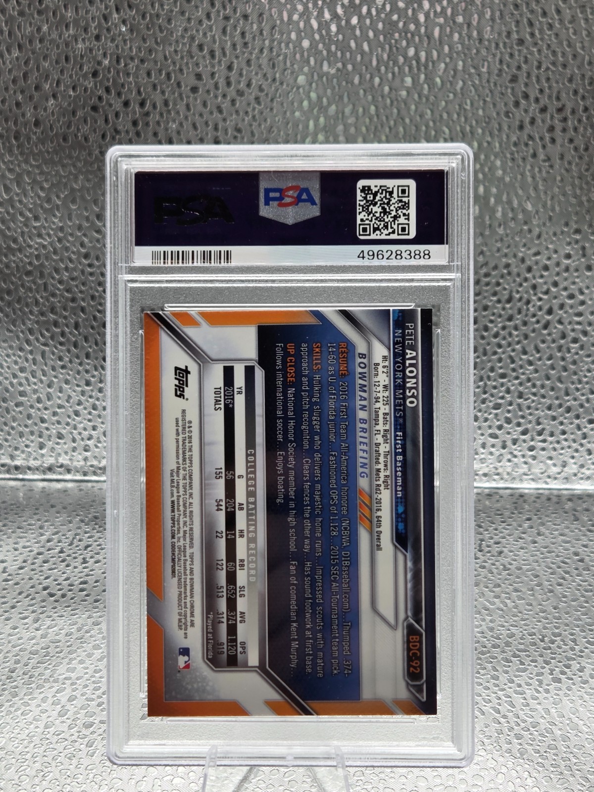 2016 Bowman Chrome SKY BLUE REFRACTOR ~ PETE ALONSO RC Card PSA 10 GEM MINT view 2