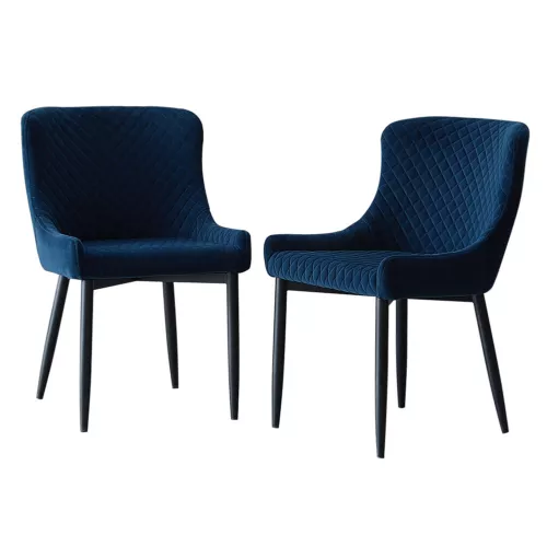 2pcs dining chair velvet soft padded diamond backrest metal legs armchair blue image 2