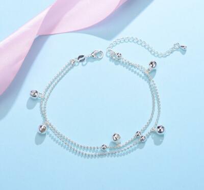 Women s Silver SP Bells Charm Beaded Double Chain Foot Bracelet Anklet