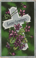 Antique Postcard Easter Greetings Cross Green Purple Flowers 1908