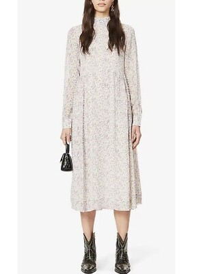 ganni floral georgette midi dress Ganni Dress Floral Long Sleeve Georgette Midi White Size 34/0