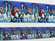 Swimmers on blue Grosgrain ribbon 7/8" 1.5" Swirl Waves Ocean Lake