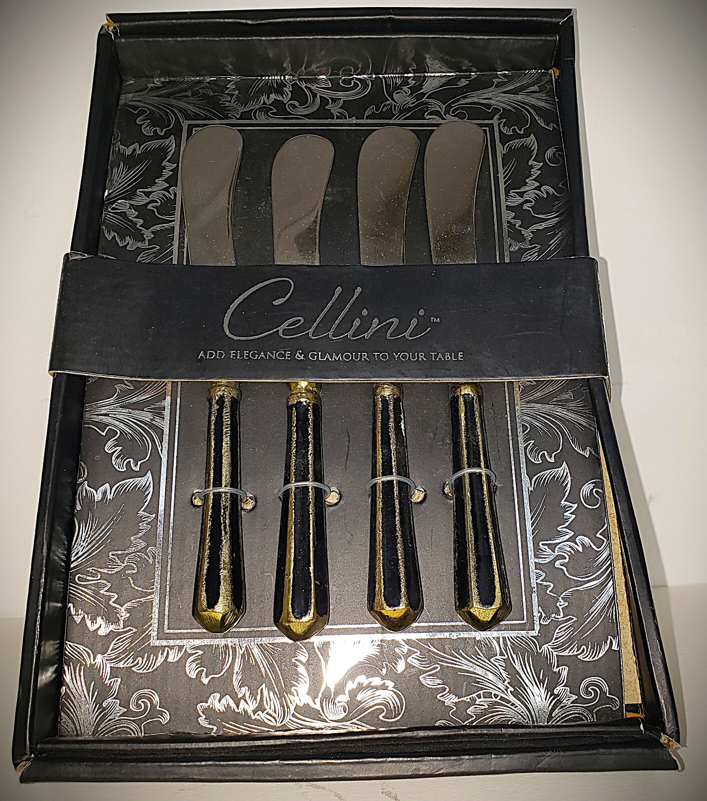Cellini Fortunoff Butter Knives Set 4 Vintage 1980s Black Gold Spreaders Gift