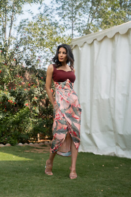 viral midi dress Viral Satin Midi Side Slit Dress 3/4 Puffy Sleeve Square Neckline, Size Medium