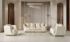 NEW Luxe White Cream Gold 3PC Sofas Chair Chenille Contemporary Living Room Set