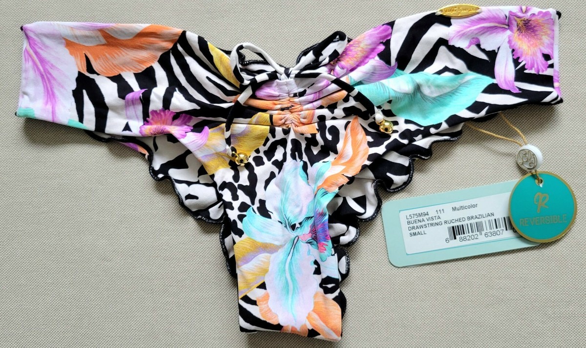 NWT Luli Fama Buena Vista Reversible Drawstring Ruched Brazilian