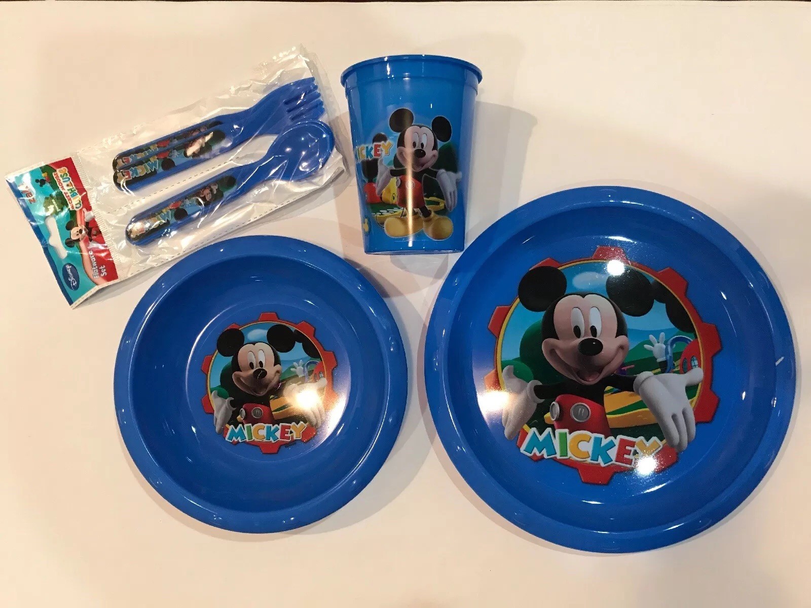 5 Piece Plate Bowl Tumbler Fork Spoon Disney Mickey Blue New