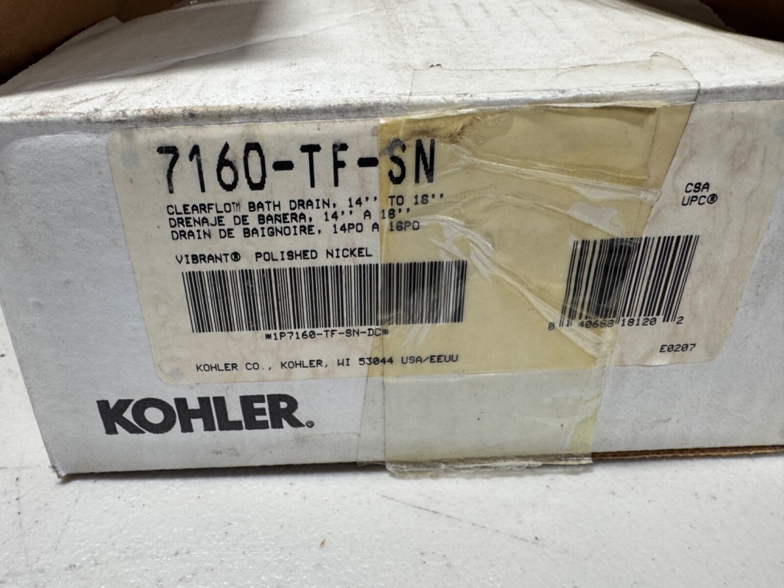 KOHLER Tub Drain 7160-TF-SN Vibrant Polished Nickel Finish Open Box-As Is