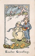 Antique Easter Card Fantasy Children Egg Basket Feeding Chicken Vtg Postcard W3