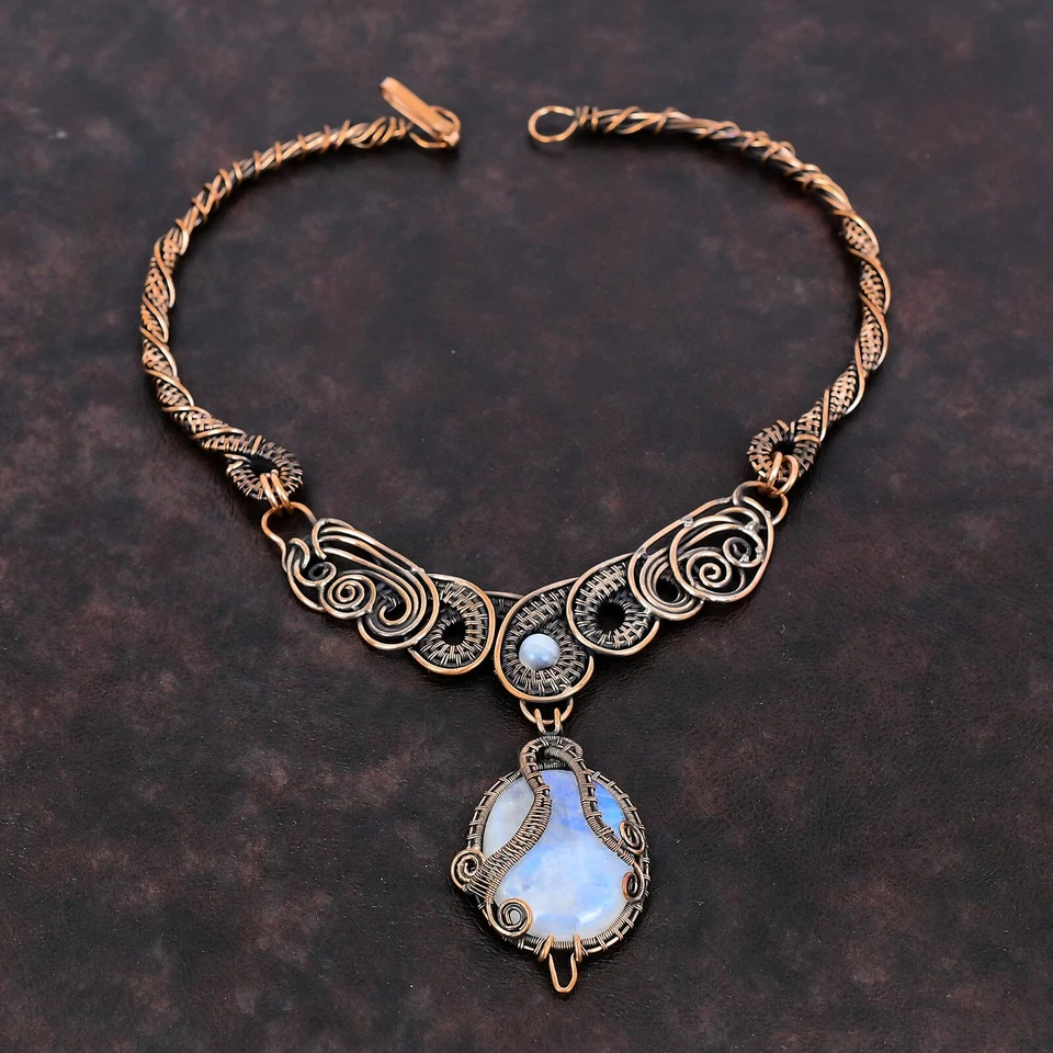 Rainbow Moonstone Jewelry Copper Love Gift Wire Wrapped Chain Necklace 18.0" - Image 2 of 4