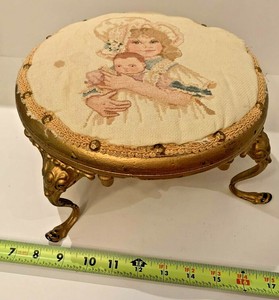 Vintage-Needlepoint-Tapestry-Foot-with-gold-legs-Victorian-child-and-babie-doll