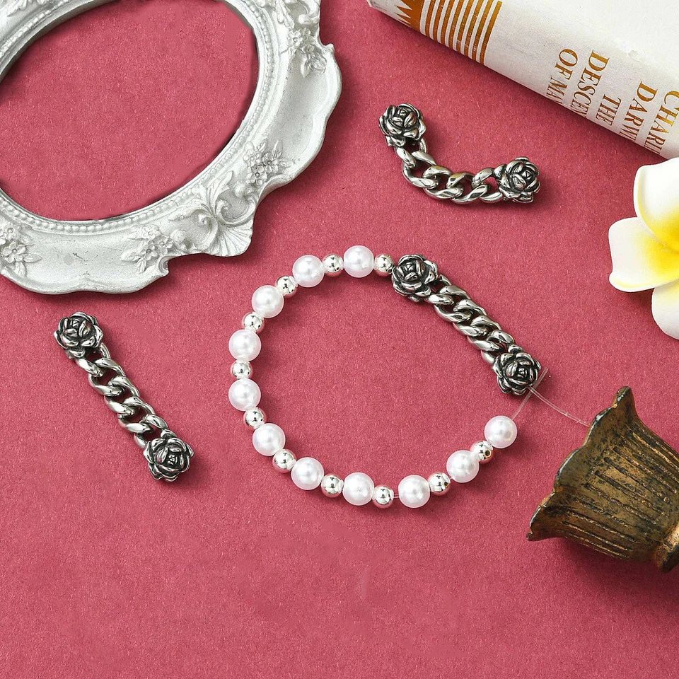 2x 5cm Acero Inoxidable Pulsera Cadena Extensor Plata Rosa Flor Cuentas Extremo Eslabón Foto 4 de 4