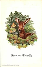 Fawn and Butterfly Forest Postcard Unused (33705)