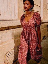 Sézane Red Floral Puff Sleeve V-Neck Maxi Dress Long 100% Cotton Size 40