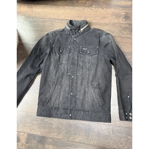 Vintage Obey Black Denim Jacket Men's M Zip Collar Studded OBEY Back Snap Front - product listing photo