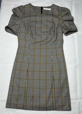 Amanda Uprichard Westwick Plaid Dress Puff Sleeve Size Small Black White Checked