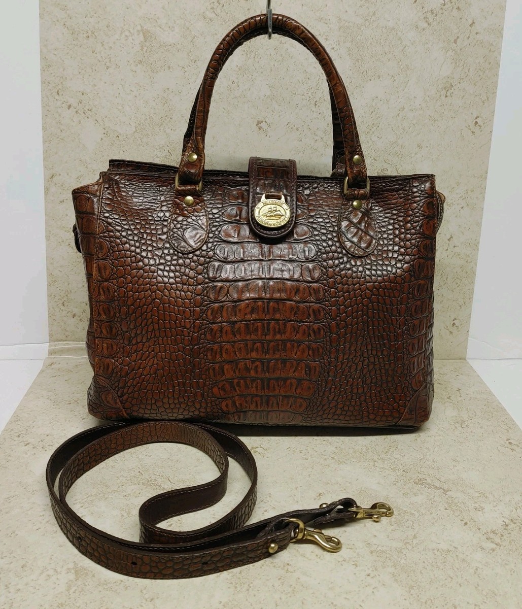 Vintage Brahmin Leather Croc Embossed Satchel Handbag Brown With