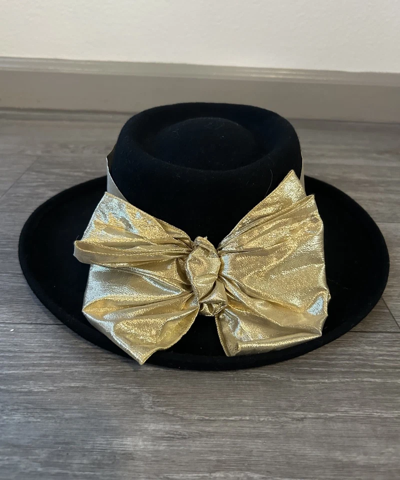 De colección Años 80 Lana Negra Dorado Cojo Arco Borde Lujo Sombrero Talla Única Iglesia Sombrero, Derby Sombrero Foto 4 de 4