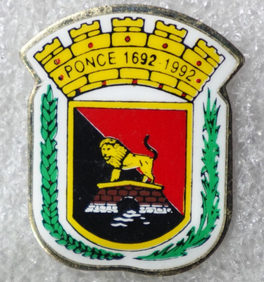 Ponce Puerto Rico Pin 1692-1992 Coat of Arms Lion Laurel Crown Tricentennial Bad