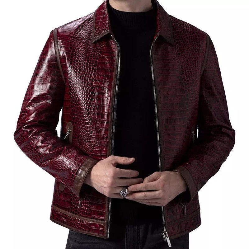 Men's Black Crocodile Embossed Leather Trench Coat Luxury Outerwear Men Crocodil
