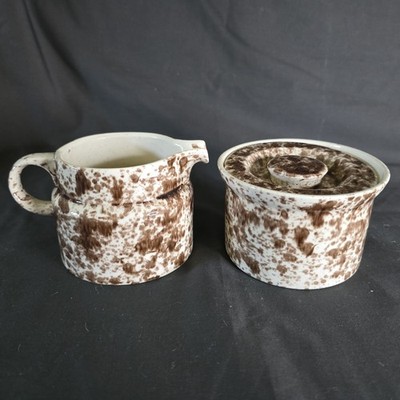 Vintage 1970s Handmade Brown Speckled Ceramic Creamer And Sugar Set RARE