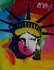 Fine unique painting – Pop art composition, Lady Liberty, signed Peter Max