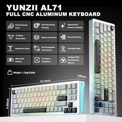 YUNZII AL71 75% MECHANICAL KEYBOARD,WIRELESS BT5.0/USB-C WIRED,MK071E-10