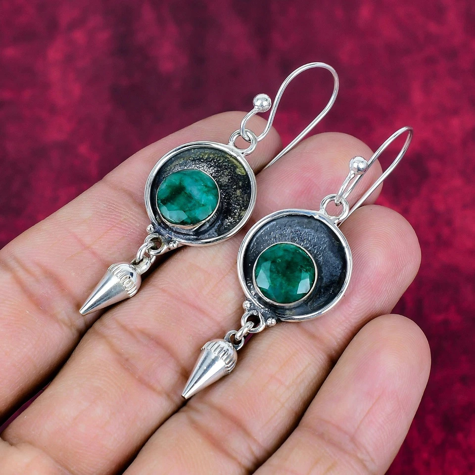 Lab-Created Emerald Gemstones Handmade 925 Sterling Silver Jewelry Earrings - Image 3 of 4