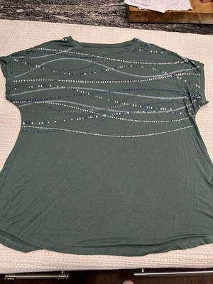 Apt. 9 Women s Olive Green Patterned T-shirt Size Large Short Sleeve Super Soft!