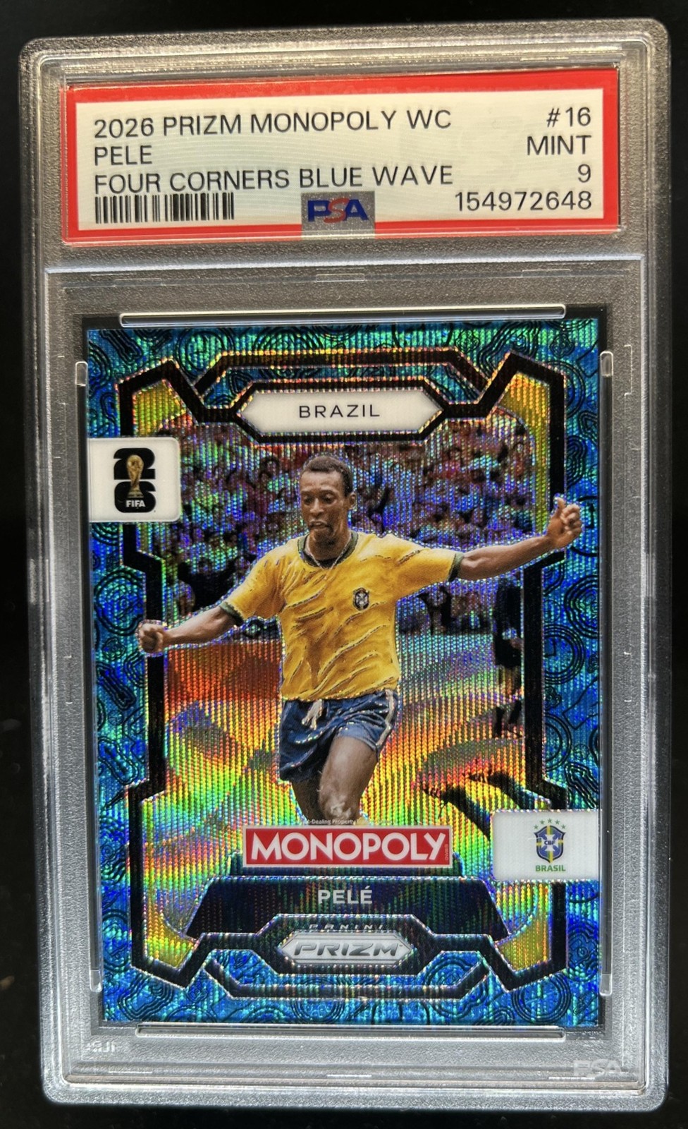 2026 Panini Prizm Monopoly World Cup Pele Four Corners Blue Wave #16 PSA 9