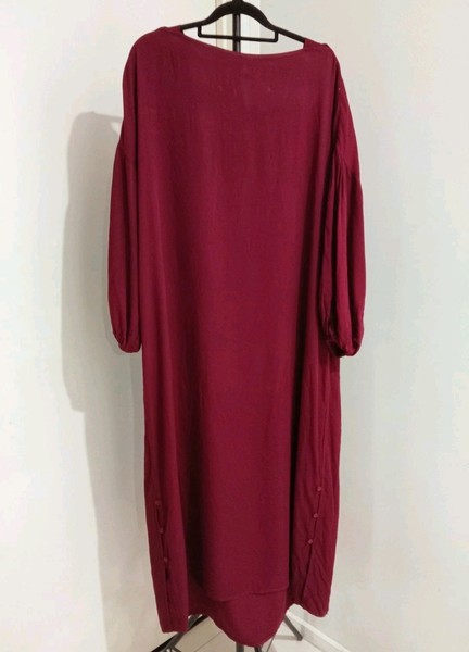 PQ Collection Burgundy Rayon Shift Midi Dress S/M Long Balloon Sleeve Buttons