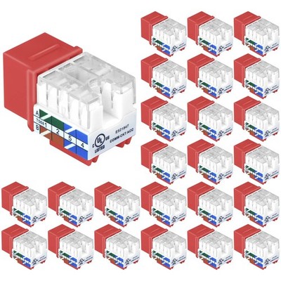 VCE UL Listed Cat6 RJ45 Keystone Jack Insert 25-Pack, 90 Degree Punch Red 
