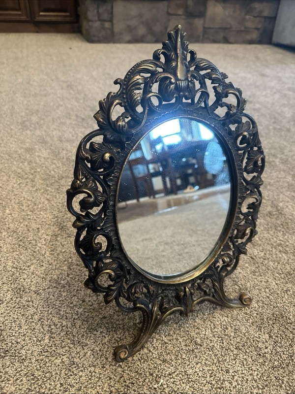 Vintage Victorian Oval Solid Brass Vanity Mirror 15x11”