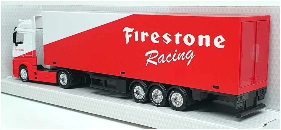 Camión Mercedes Benz Burago escala 1/43 18-31480 con remolque Firestone Racing Foto 2 de 4