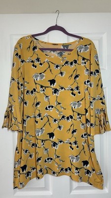 Clara Sun Woo Yellow, Navy, White Floral Asymmetrical Tunic Top Sz XL 3/4 Sleeve