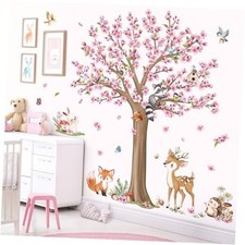 Woodland Animals Large Flower Tree Wall Decals Cherry Blossom Deer Fox Pink