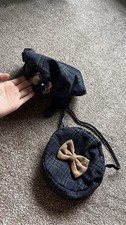 Couche Tot Girls Matching Beret Hat And Handbag Blue Tartan With Brown Bows