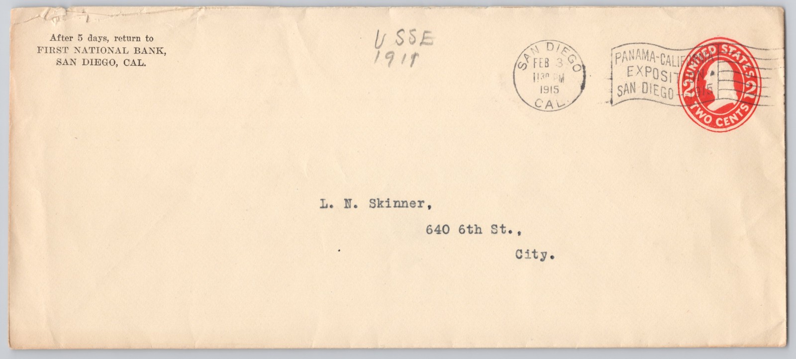 San Diego, Calif. — Panama-California Exposition cancel, First Bank cover — 1915