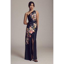 BHLDN Dylan Navy Floral One Shoulder Satin Maxi Dress Gown Size 14 Wedding Guest