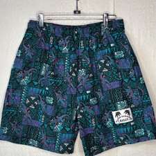 NOS VTG 90'S BLACK BLUE ALOHA HAWAIIAN BAGGY SHORTS GRAPHIC TIKI GECKO PRINT M/L