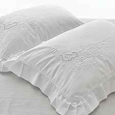 Vtg 100 Cotton 2 Embroidered Ruffled White Large King Pillow Shams Fits 36x20