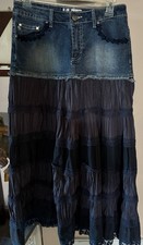 Crest Vintage Y2k Boho Tiered Denim  Lace Mixed Media Peasant Skirt. Sz 3/4