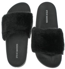 STEVE MADDEN Women's Adorable FAUX BLACK FUR Black Slides Sandals Shoes SZ 9